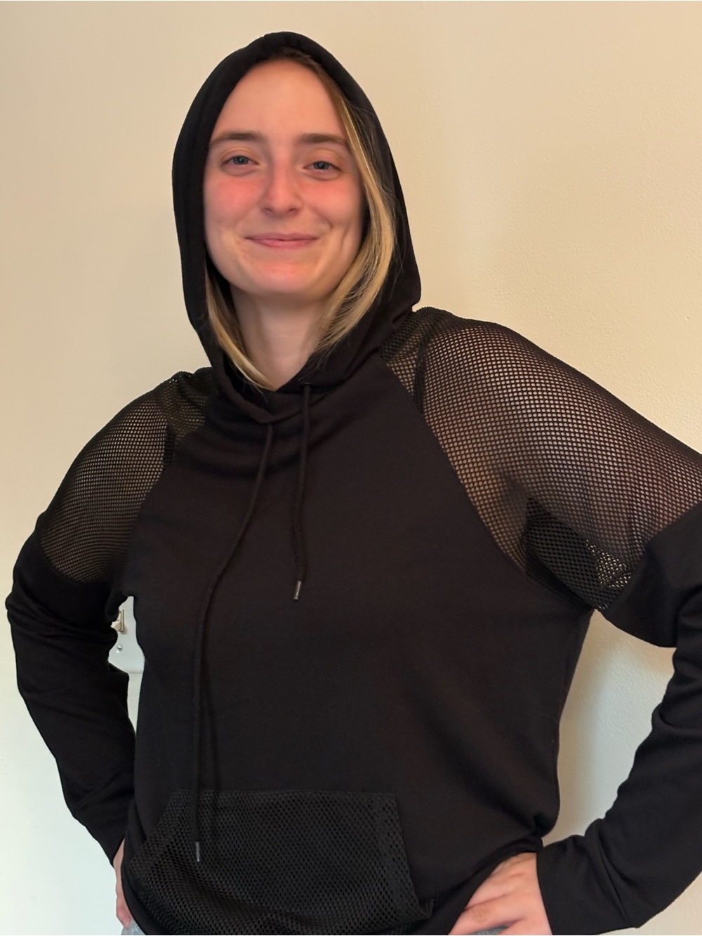 Black Hooded Sweatshirt with Mesh Sleeves